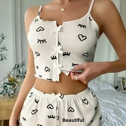 New Hot Sale Of The Season Heart Print Color Block Sleepwear Set with Front Slit Strap Design Comfortable Spandex Nightgown Wome
