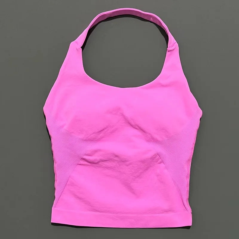 HISTELLO Impact Halter Top Women Backless Push Up Seamless High Support Bust Lift Slim Fit Gym Pilates Fitness Sports Vest