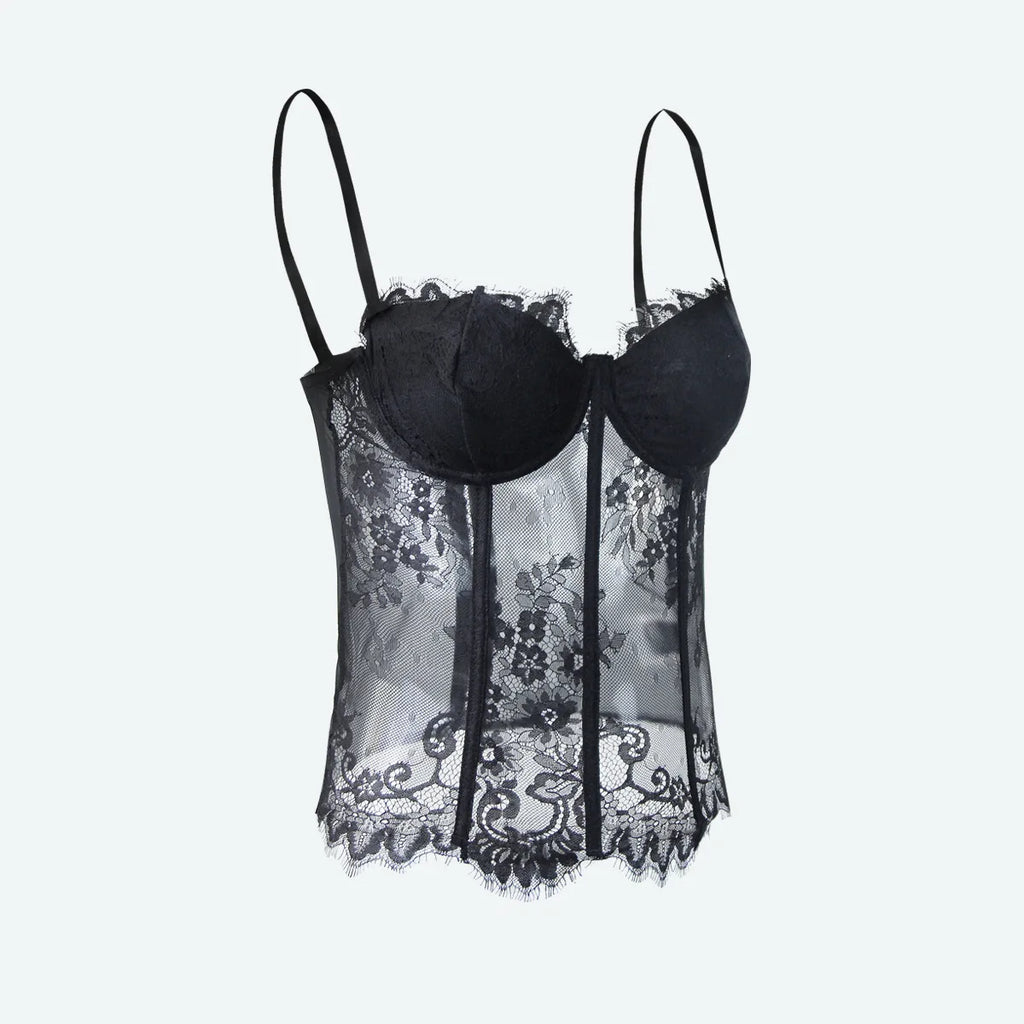 Sexy Black Lace See-through Corset Summer Fashion Streetwear Women's Crop Tank Top Ladies Halter Tops Bustier Lingerie Camisole