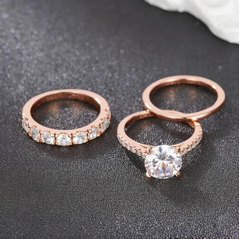 Huitan Gorgeous 3Pcs Set of Rings Female Luxury Shiny Round Zirconia Finger Jewelry Fashion Gold Color Accessories for Wedding