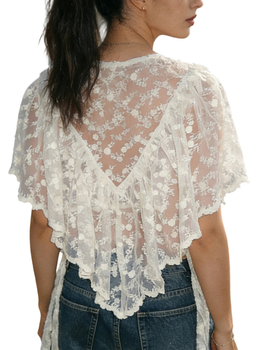 Women Y2K Fairy Mesh See Through Casual High Neck Looseshawls Floral Lace Embroidery Shawl Tops Asymmetrical Streetwear