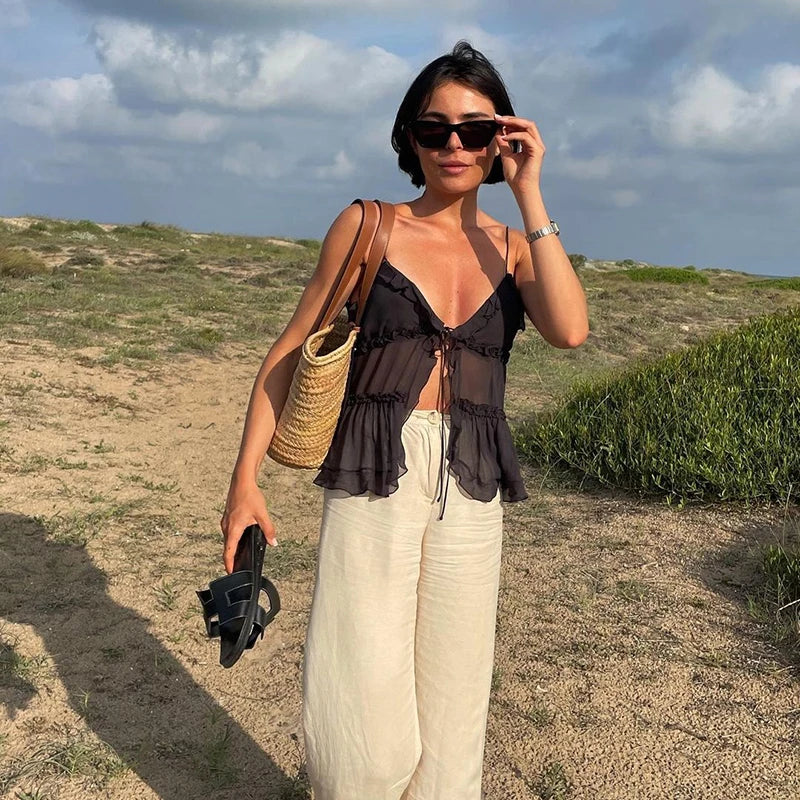Cryptographic Summer Sleeveless Chiffon Tie Detail Cami Tops Slim Y2K Rave Festival Frill Hem Backless Sheer Sexy Cropped Tops