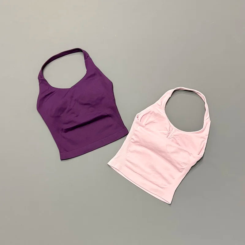 HISTELLO Impact Halter Top Women Backless Push Up Seamless High Support Bust Lift Slim Fit Gym Pilates Fitness Sports Vest