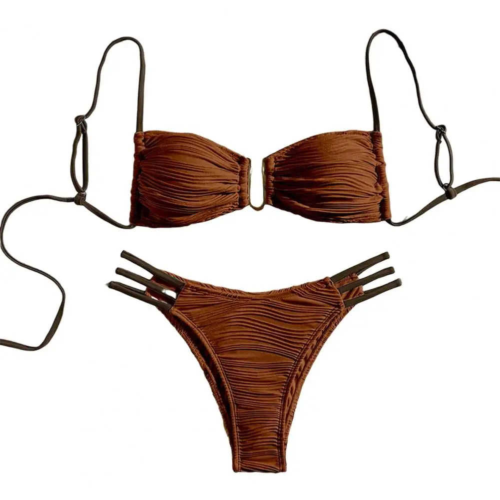 2Pcs/Set Women Split Swimsuit Bikini Set Sling Bandeau Padded Bra Wrinkle Texture Briefs Set Fashion Sexy Beachwear