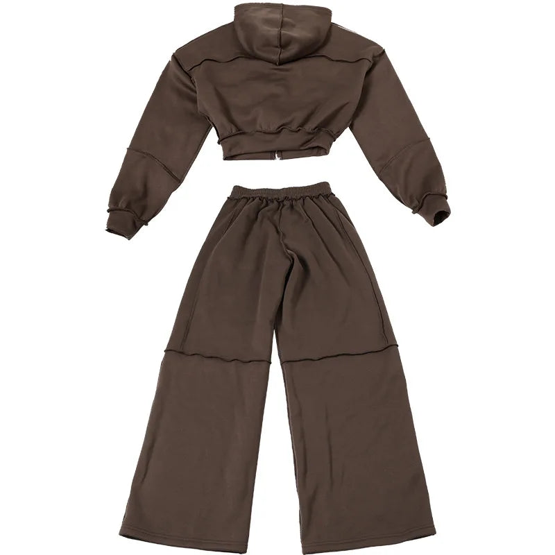 Autumn Winter Casual Hoodie Two Piece Set Women Trendy Sports Style Hooded Cardigan Wide Legs Trousers 2 Piece Sets Female New