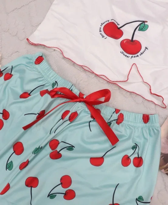 Y2K Coquette Cherry Print Pajama Set Womens Cami Crop Top Pants Two Piece Sleepwear Loungewear Summer Spring Autumn Outfits