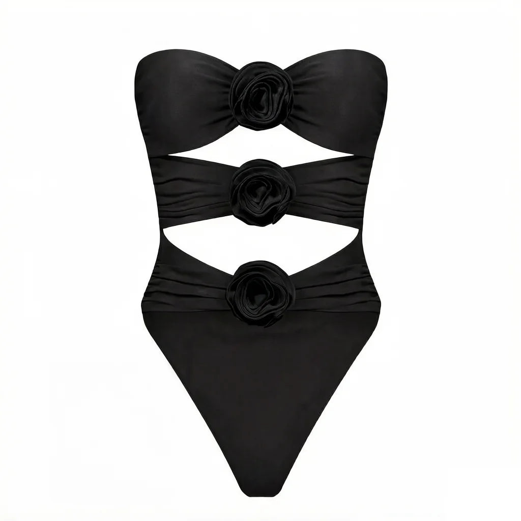 2024 Black Pink Flower Swimwear With Beach Dress Women Swimsuit Monokini Bodysuit Sexy Bathing Suit Beachwear Summer Suit