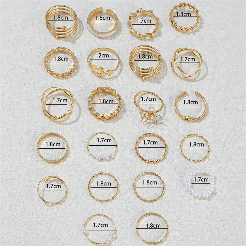 22 Pcs Vintage Gold Color Heart Butterfly Rings Set for Women Boho Metal Geometric Spiral Shape Imitation Pearl Ring Trendy Jewe