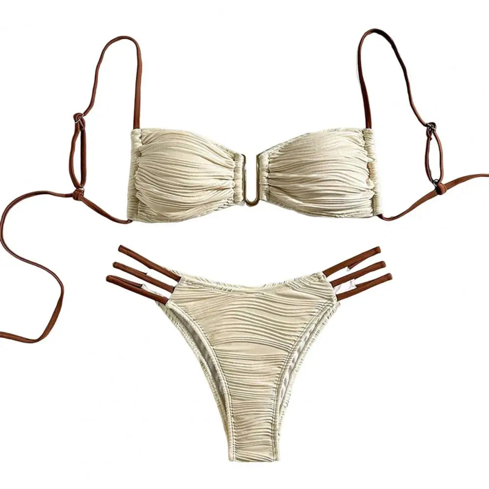 2Pcs/Set Women Split Swimsuit Bikini Set Sling Bandeau Padded Bra Wrinkle Texture Briefs Set Fashion Sexy Beachwear
