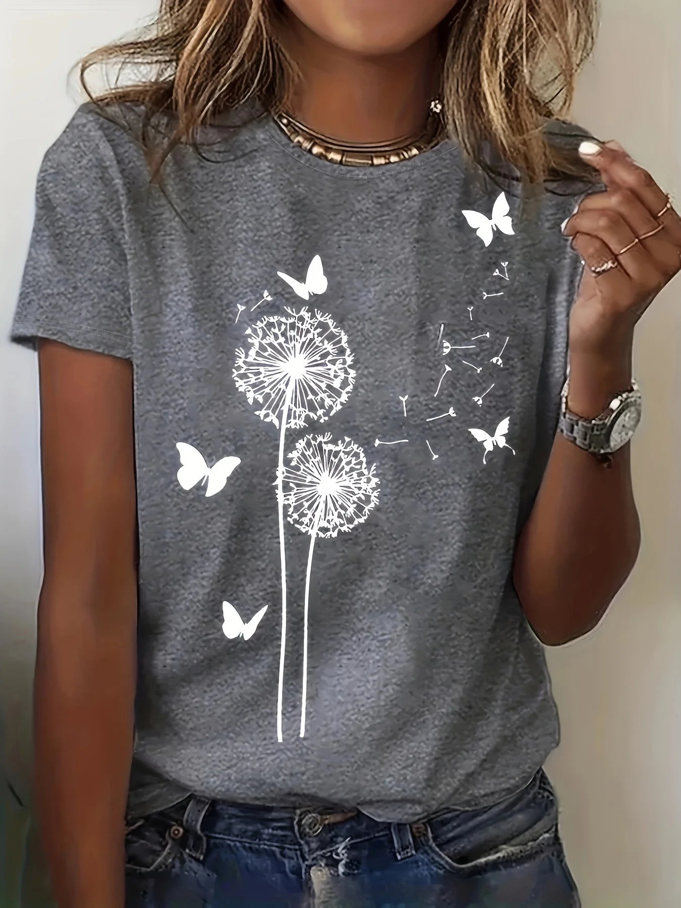 Relaxed Chic Women's Casual Dandelion and Butterfly Print T-Shirt Perfect for Summer Dandelion Pattern Fashionable for Women