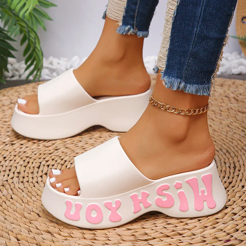 Fashion Letter Print Platform Slippers Women EVA Soft Thick Bottom Wedge Sandals for Woman Summer Non Slip Outdoor Beach Slides