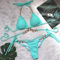 Sexy Luxury Bikini 2022 Women Crystal Rhinestones Push Up Micro Swimsuit Neon Orange Metal Chain Diamond High Cut Thong Swimwear