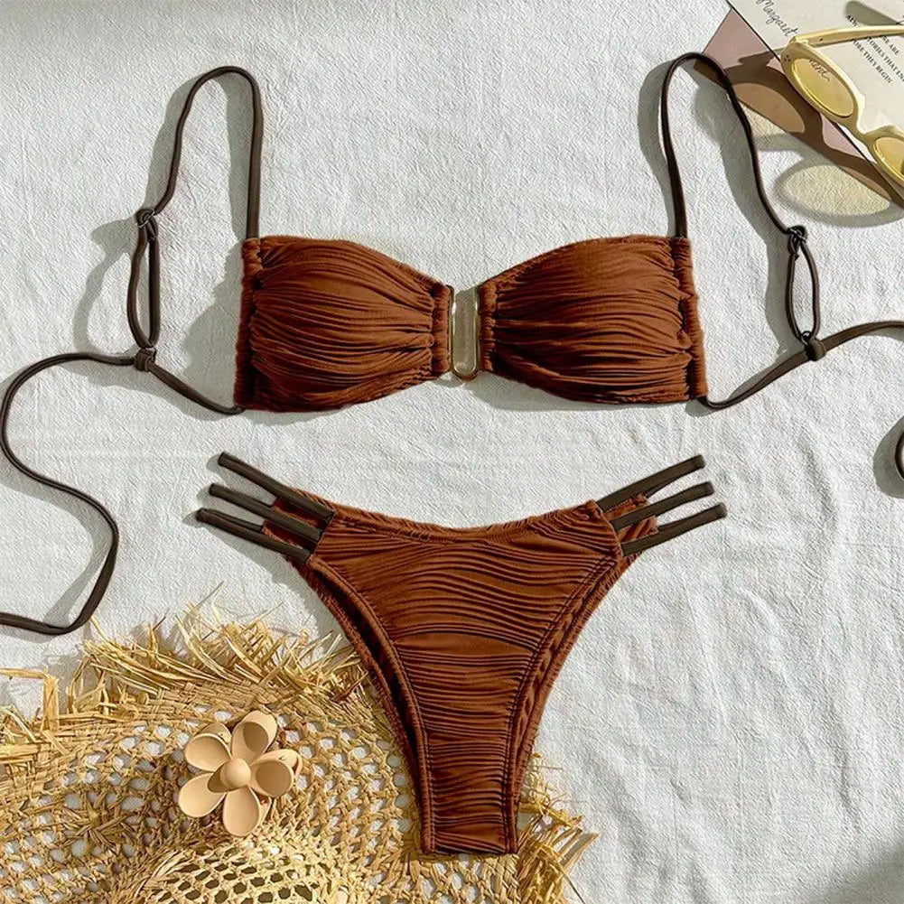 2Pcs/Set Women Split Swimsuit Bikini Set Sling Bandeau Padded Bra Wrinkle Texture Briefs Set Fashion Sexy Beachwear