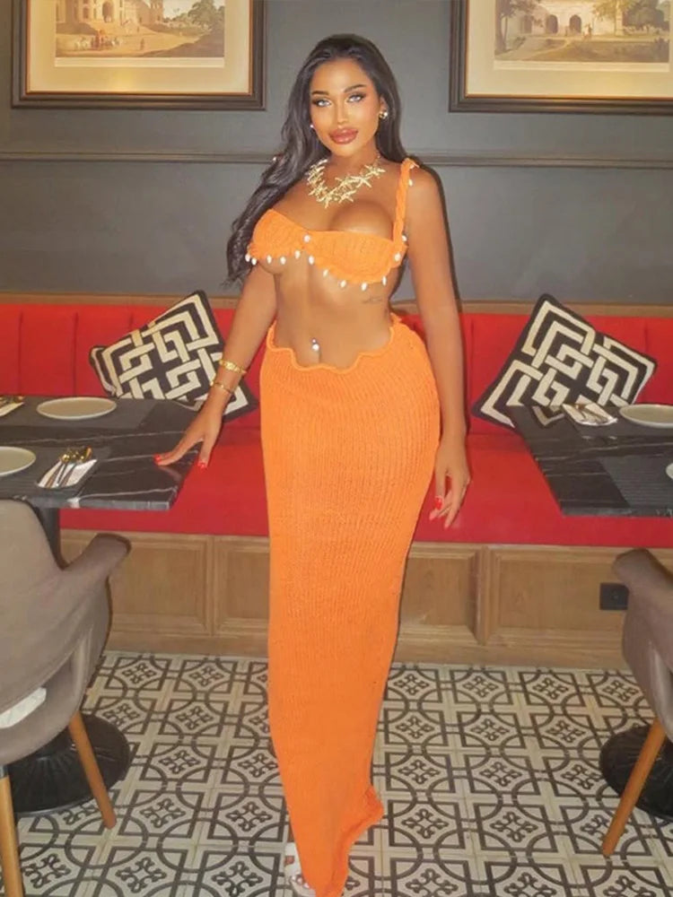 Shell Knitted Bikini Vest Halter Top Split Fishtail Skirt 2 PCS Set Crochet Beach Swimsuit Sexy Slimming Women Suspender Skirts