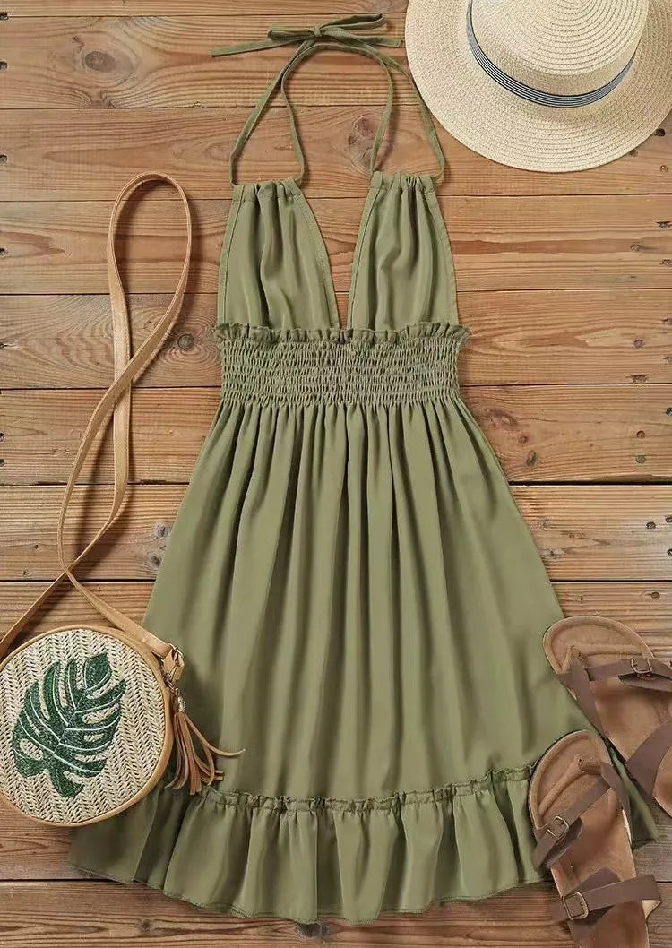 Summer New Vestidos Women Trendy Dress V Neck Sleeveless Halter Backless Sundress Ruffles Holiday Beach Dresses