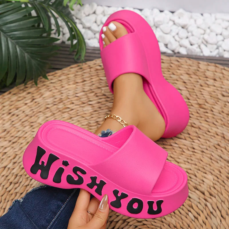 Fashion Letter Print Platform Slippers Women EVA Soft Thick Bottom Wedge Sandals for Woman Summer Non Slip Outdoor Beach Slides