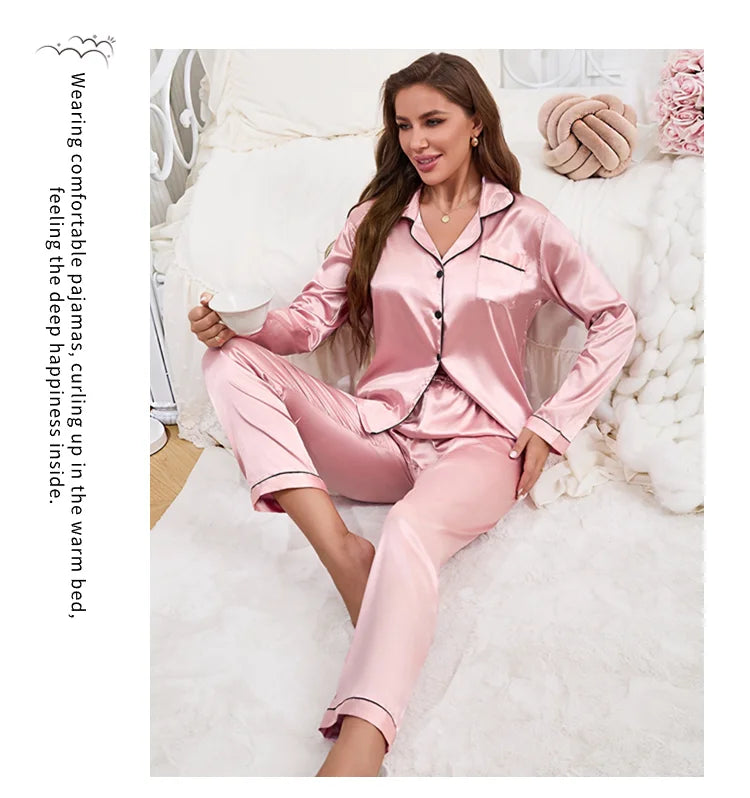 2026 New Women's Pajamas Autumn Luxurious Satin Long Sleeve Pajama Set Elegant Lapel Collar Top Long Pants Sleepwear Loungewear