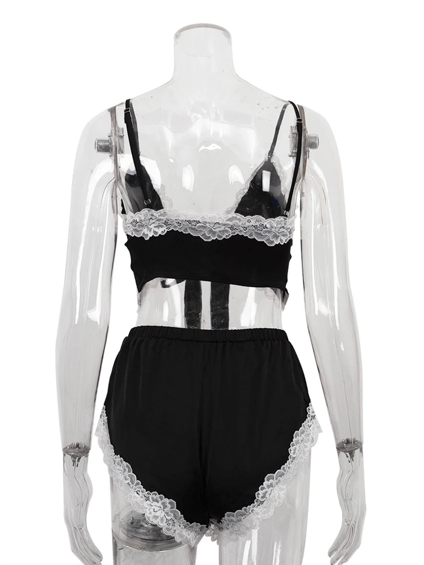 Marthaqiqi Summer Women Sleepwear Set Sexy Spaghetti Strap V-Neck Pajamas Lace Up Nightie Tank Top Nightwear Shorts Home Clothes
