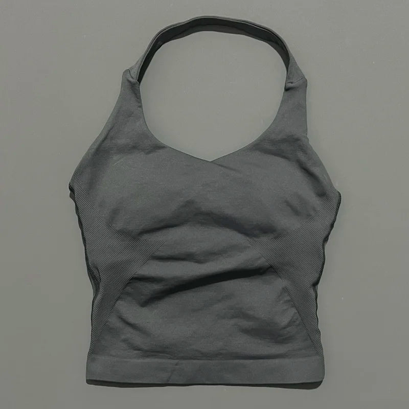 HISTELLO Impact Halter Top Women Backless Push Up Seamless High Support Bust Lift Slim Fit Gym Pilates Fitness Sports Vest