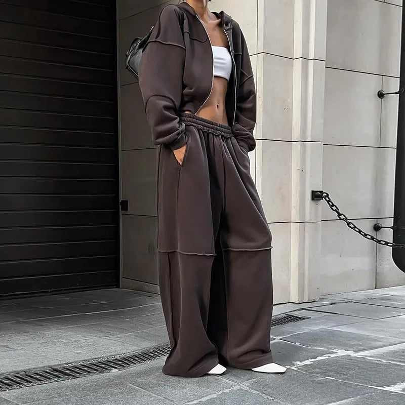 Autumn Winter Casual Hoodie Two Piece Set Women Trendy Sports Style Hooded Cardigan Wide Legs Trousers 2 Piece Sets Female New