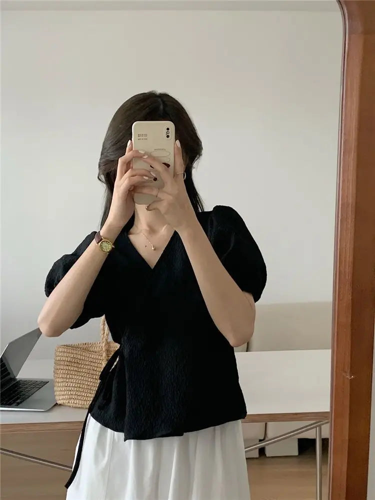 Blouses Women Summer Korean Style V-neck Design Simple Puff Sleeve Leisure Lace-up All-match Vintage Elegant Daily Trendy Tops