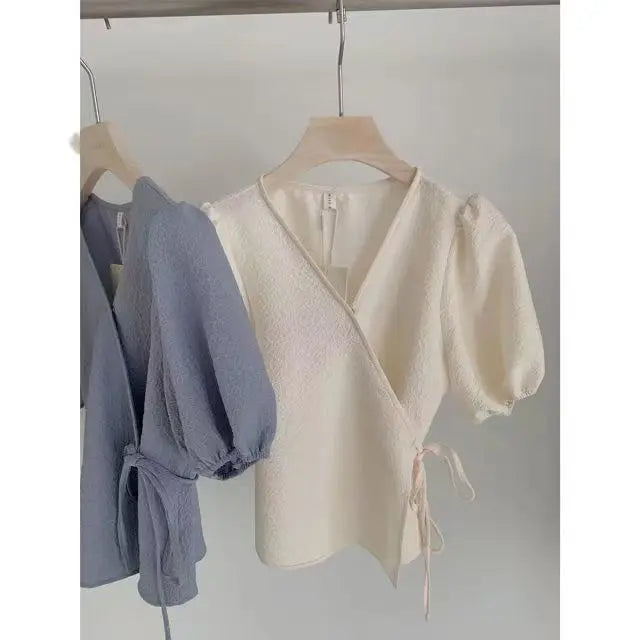 Blouses Women Summer Korean Style V-neck Design Simple Puff Sleeve Leisure Lace-up All-match Vintage Elegant Daily Trendy Tops