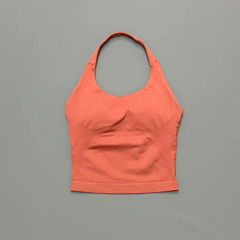 HISTELLO Impact Halter Top Women Backless Push Up Seamless High Support Bust Lift Slim Fit Gym Pilates Fitness Sports Vest