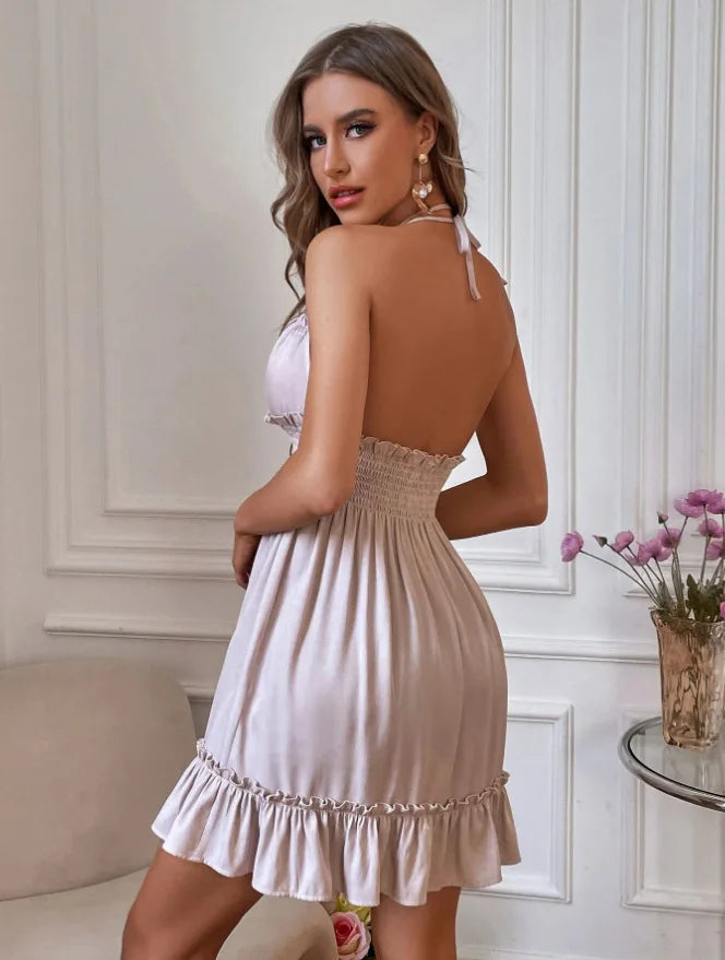 Summer New Vestidos Women Trendy Dress V Neck Sleeveless Halter Backless Sundress Ruffles Holiday Beach Dresses