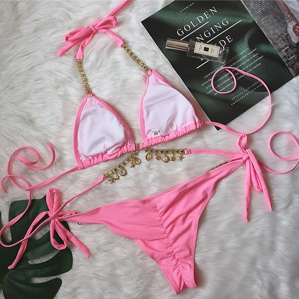 Sexy Luxury Bikini 2022 Women Crystal Rhinestones Push Up Micro Swimsuit Neon Orange Metal Chain Diamond High Cut Thong Swimwear