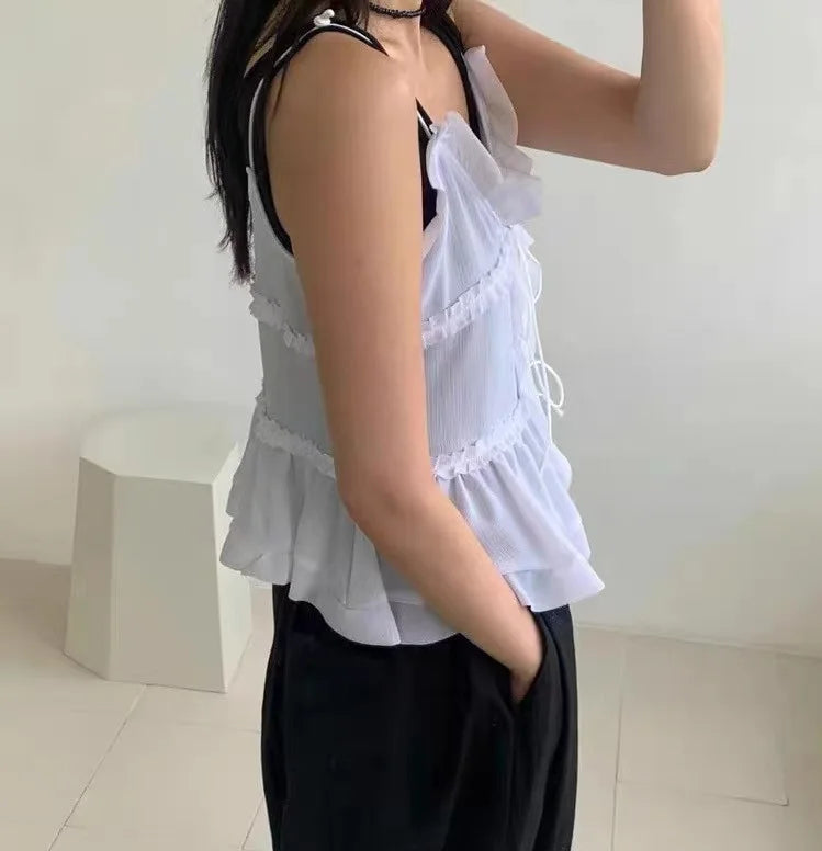 Cryptographic Summer Sleeveless Chiffon Tie Detail Cami Tops Slim Y2K Rave Festival Frill Hem Backless Sheer Sexy Cropped Tops