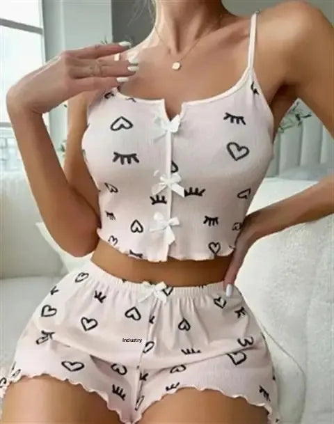 New Hot Sale Of The Season Heart Print Color Block Sleepwear Set with Front Slit Strap Design Comfortable Spandex Nightgown Wome