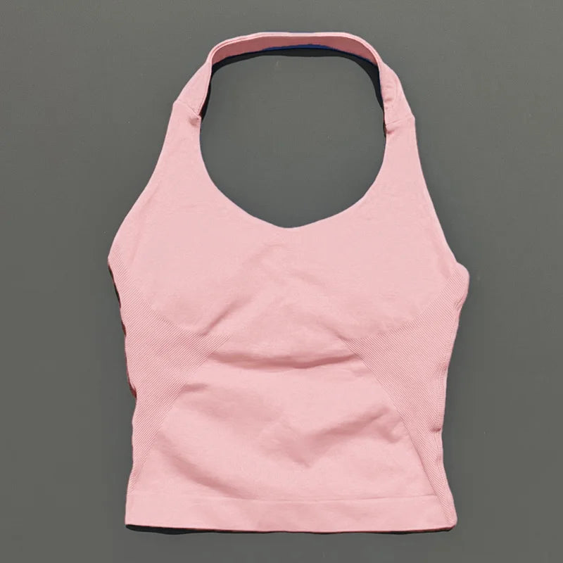 HISTELLO Impact Halter Top Women Backless Push Up Seamless High Support Bust Lift Slim Fit Gym Pilates Fitness Sports Vest