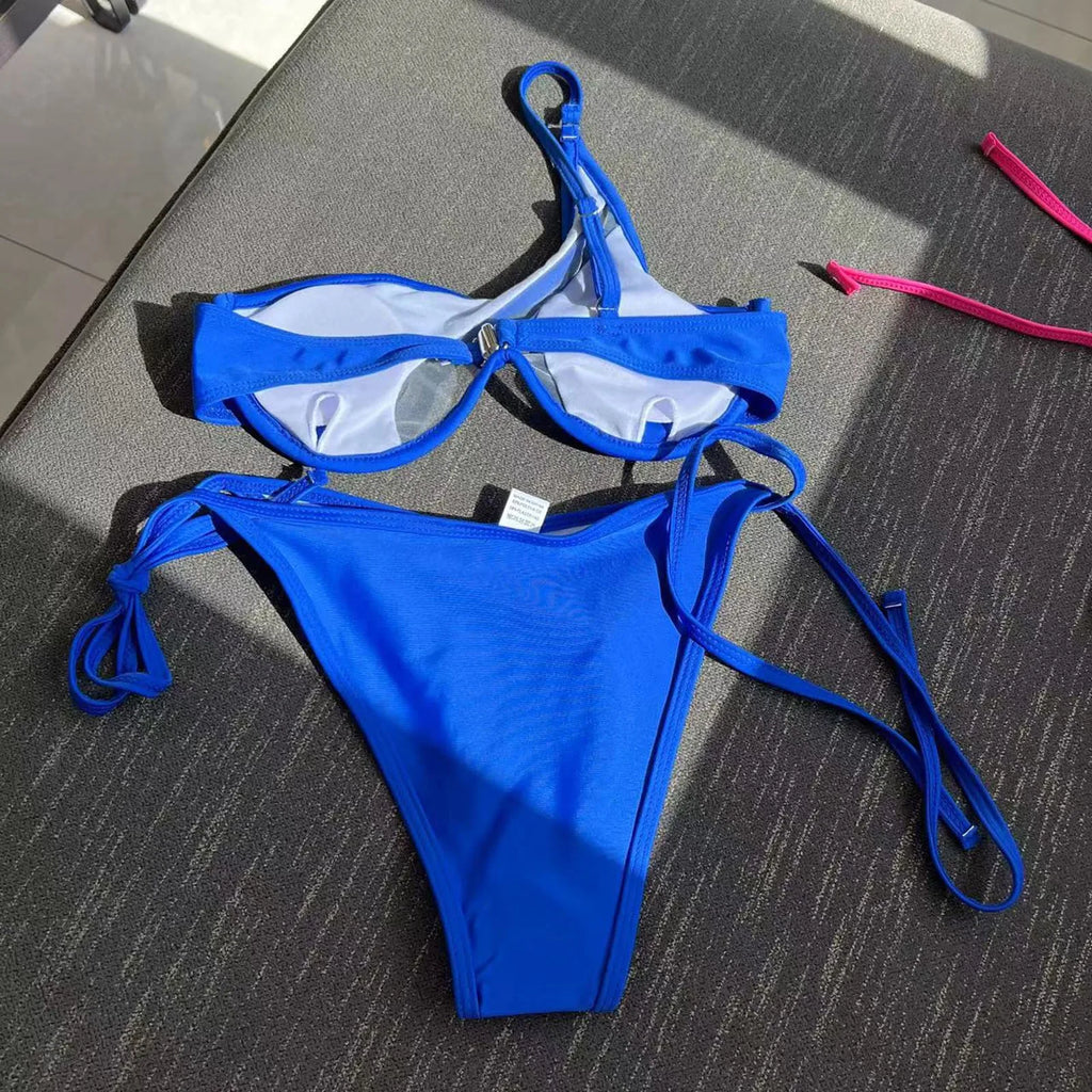 Sexy Mesh Patchwork Bikini Set Swimsuit For Women Underwire Push Up Swimwear One Shoulder Bathing Suit Seaside Bather Beachwear