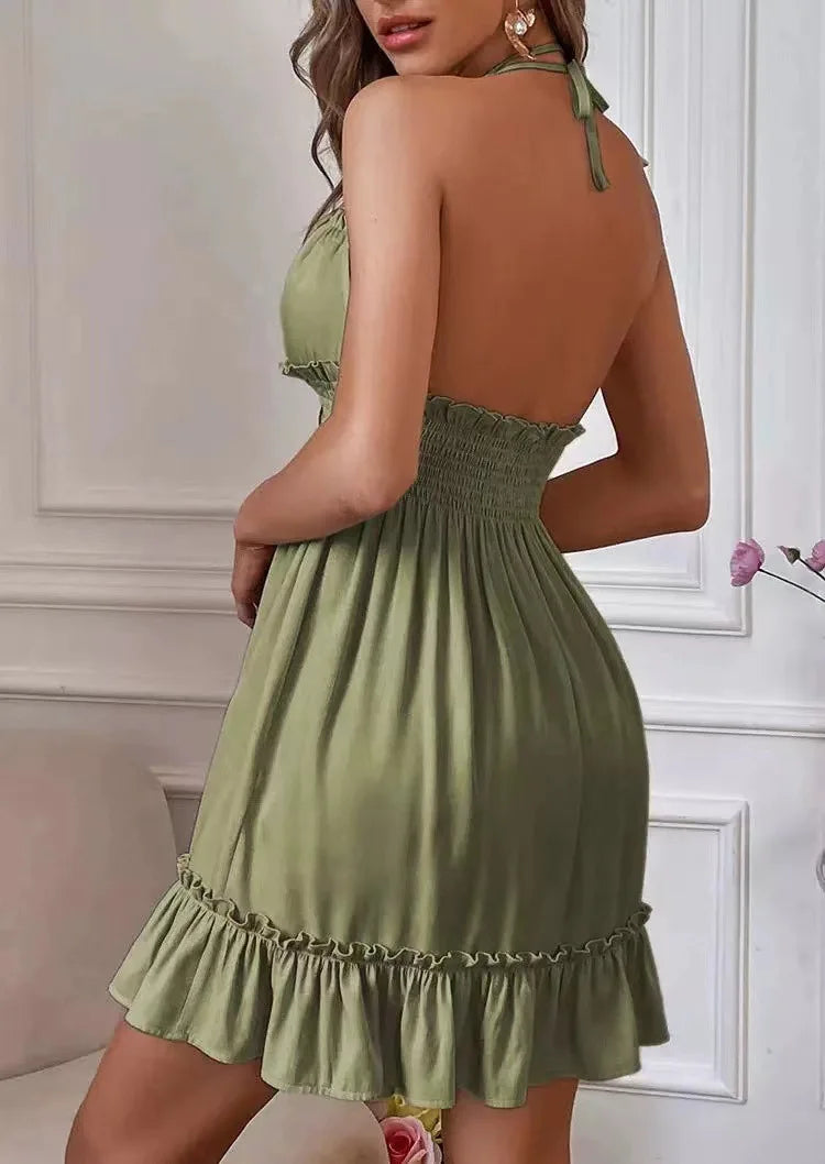 Summer New Vestidos Women Trendy Dress V Neck Sleeveless Halter Backless Sundress Ruffles Holiday Beach Dresses