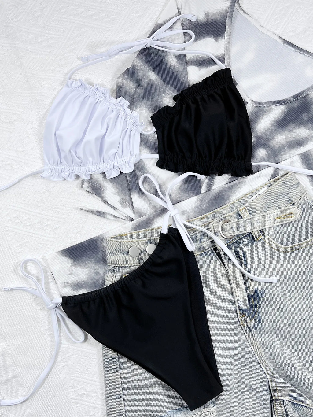 Bikini 2026 Sexy Swimwear Swimsuit Women Pleated Hollow Halter Bikinis Set Bathing Suit Beach Bikini Black and White Block Color
