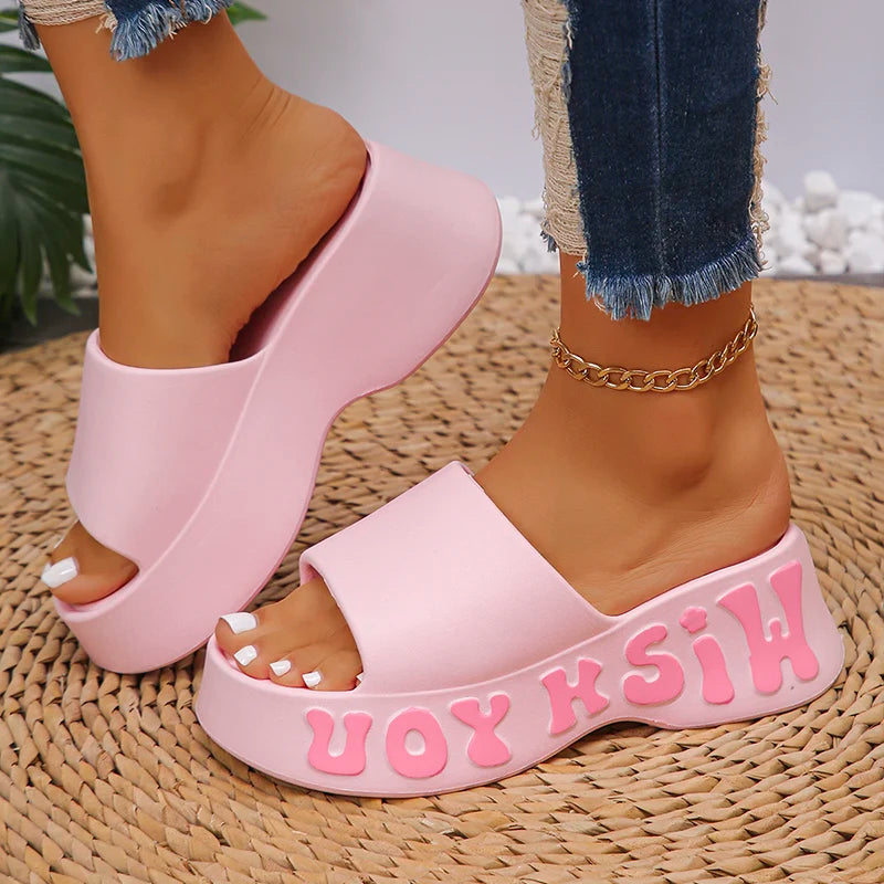 Fashion Letter Print Platform Slippers Women EVA Soft Thick Bottom Wedge Sandals for Woman Summer Non Slip Outdoor Beach Slides