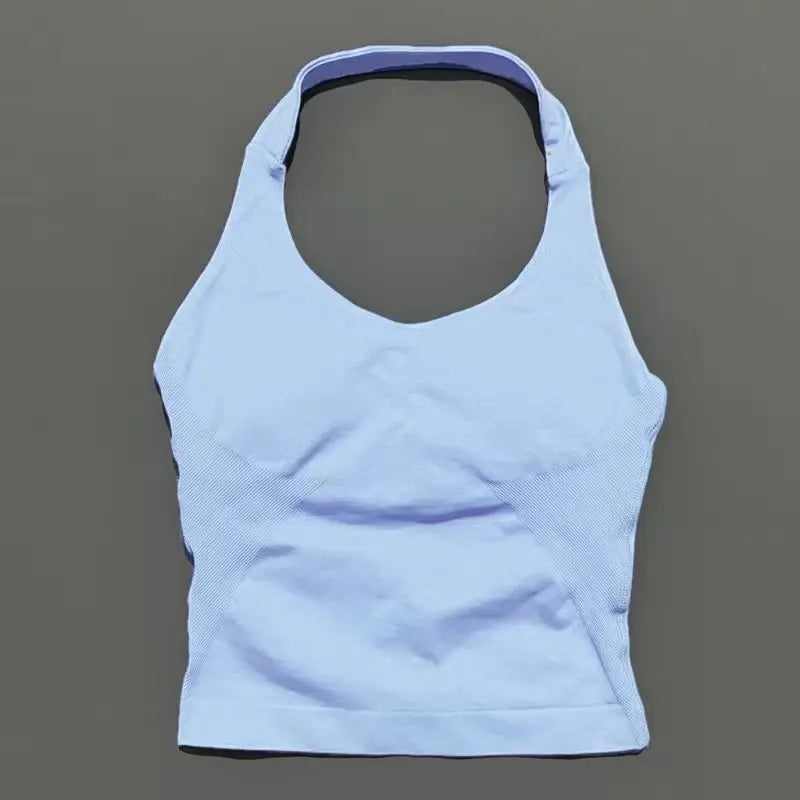 HISTELLO Impact Halter Top Women Backless Push Up Seamless High Support Bust Lift Slim Fit Gym Pilates Fitness Sports Vest