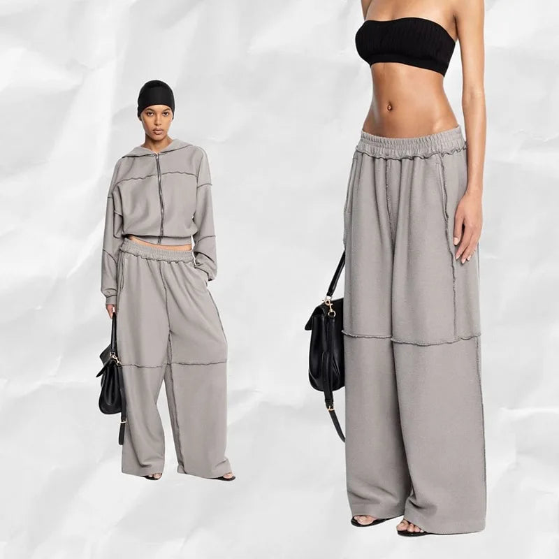 Autumn Winter Casual Hoodie Two Piece Set Women Trendy Sports Style Hooded Cardigan Wide Legs Trousers 2 Piece Sets Female New