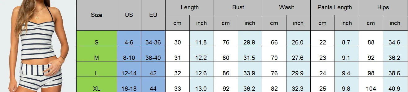 Women Y2K 2 Piece Pajamas Set Striped Print Crop Halter Neck Tops and Folded Waist Shorts for Loungewear Soft Sleepwear