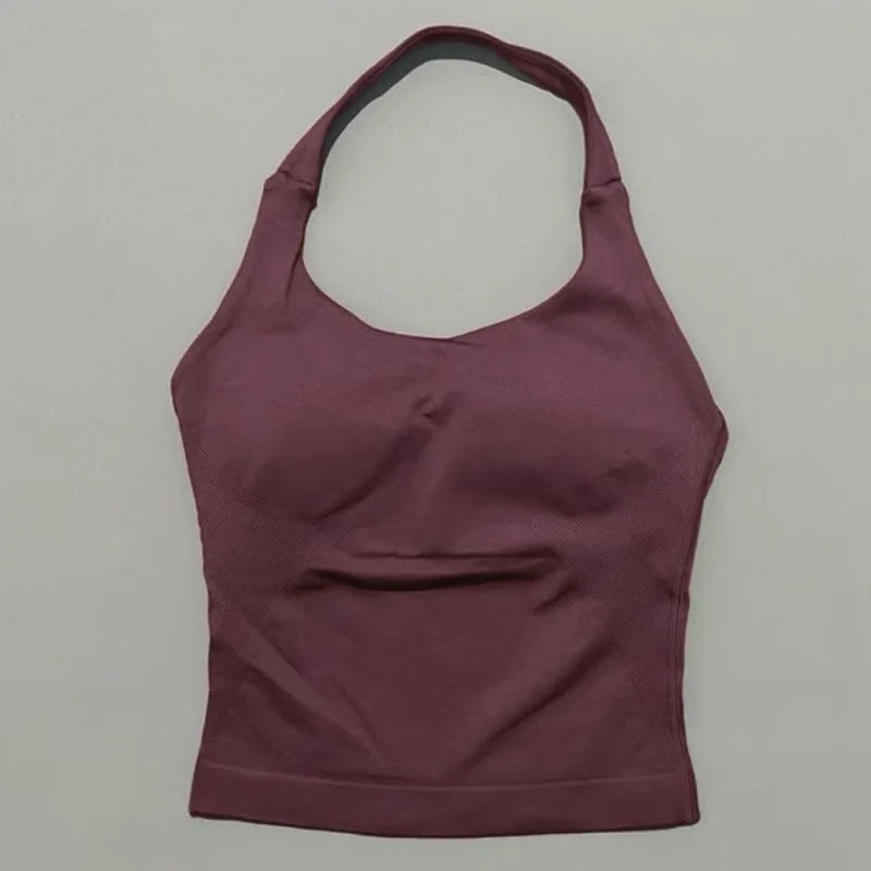 HISTELLO Impact Halter Top Women Backless Push Up Seamless High Support Bust Lift Slim Fit Gym Pilates Fitness Sports Vest