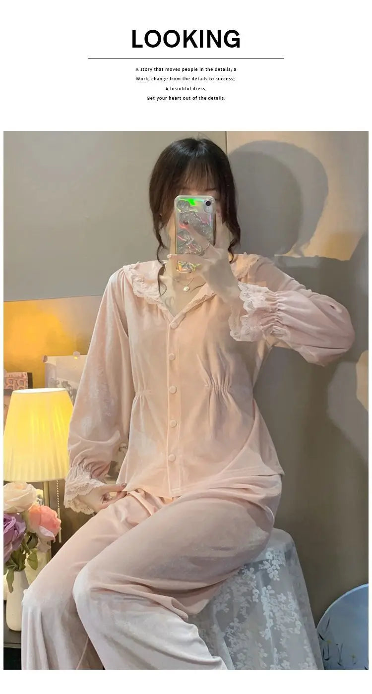 Velvet Pajama Sets Women Sweet Lace Aesthetic Chic Sleepwear Retro French Style Elegant Feminine Autumn Winter Cozy Home Pajamas