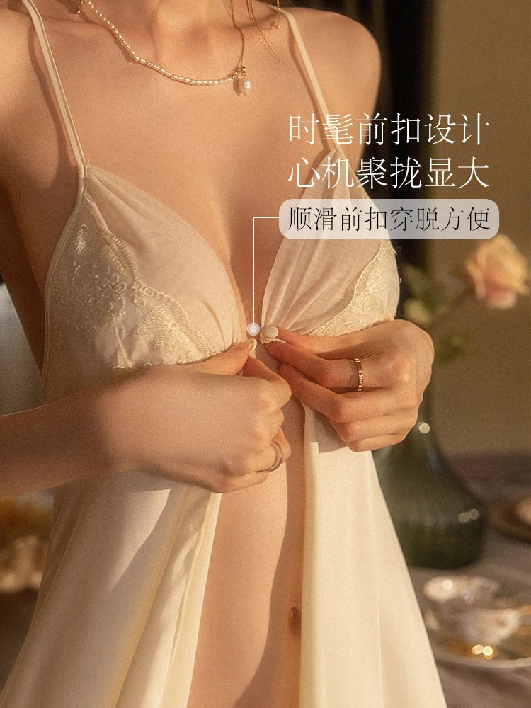 Women's Sleepwear Gather Bra Nightgown Underwear Hot Sling Nightdress Front Split Silk Dress with Panty Mesh Lace Sexy Pajamas