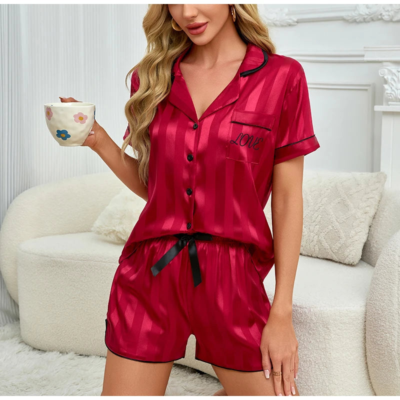 Women's Pajama Set Summer Satin Striped Short Sleeve Top With Shorts Pajamas Casual Two Piece Set Victoria Style Pajama Homewear