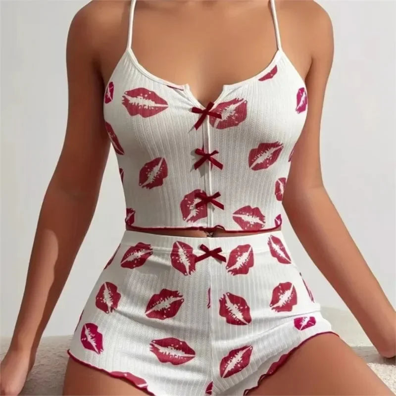New Hot Sale Of The Season Heart Print Color Block Sleepwear Set with Front Slit Strap Design Comfortable Spandex Nightgown Wome