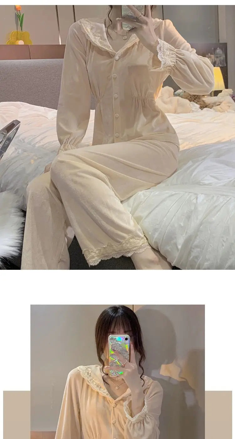 Velvet Pajama Sets Women Sweet Lace Aesthetic Chic Sleepwear Retro French Style Elegant Feminine Autumn Winter Cozy Home Pajamas