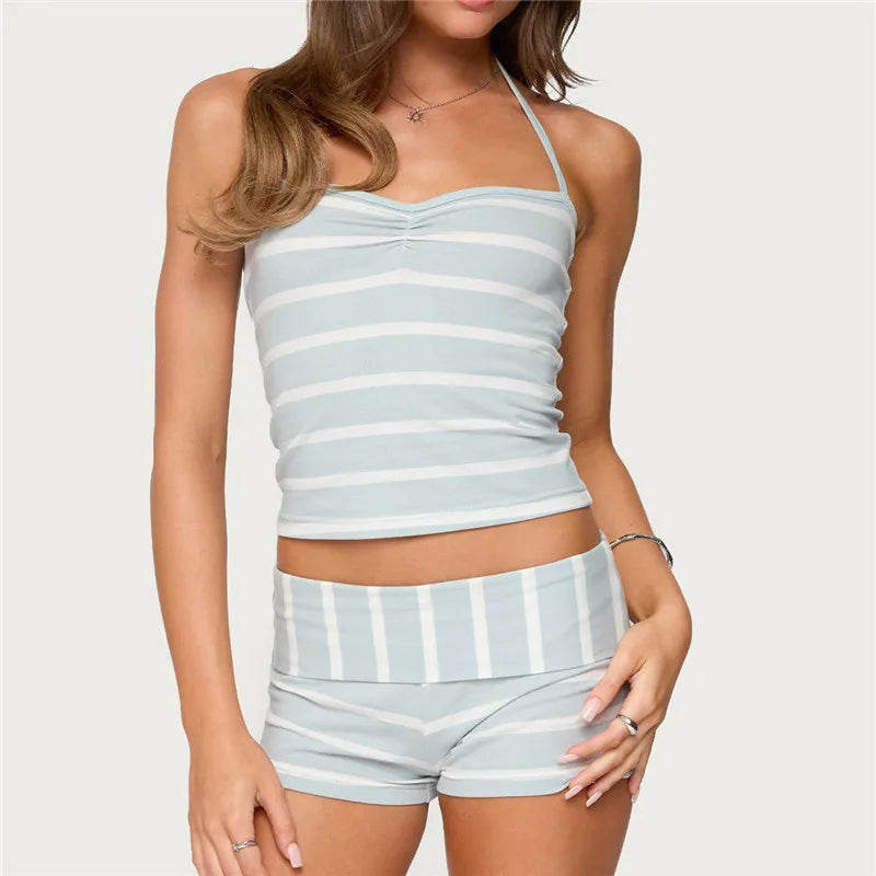 Women Y2K 2 Piece Pajamas Set Striped Print Crop Halter Neck Tops and Folded Waist Shorts for Loungewear Soft Sleepwear