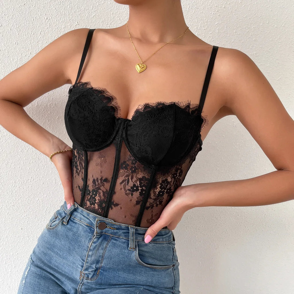 Sexy Black Lace See-through Corset Summer Fashion Streetwear Women's Crop Tank Top Ladies Halter Tops Bustier Lingerie Camisole