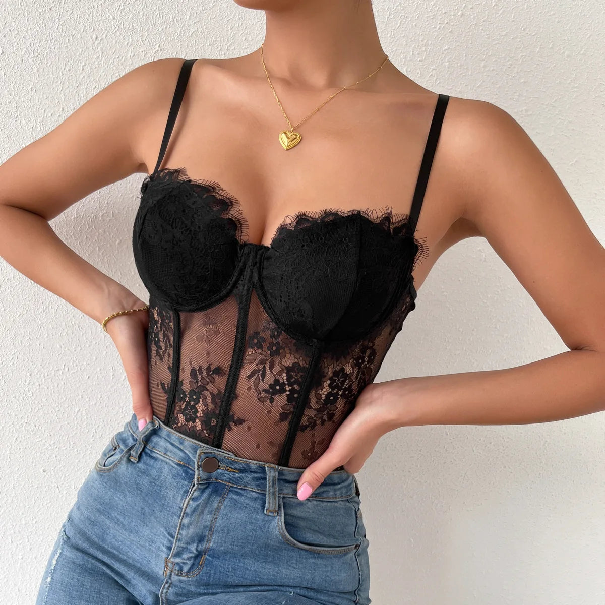 Sexy Black Lace See-through Corset Summer Fashion Streetwear Women's Crop Tank Top Ladies Halter Tops Bustier Lingerie Camisole