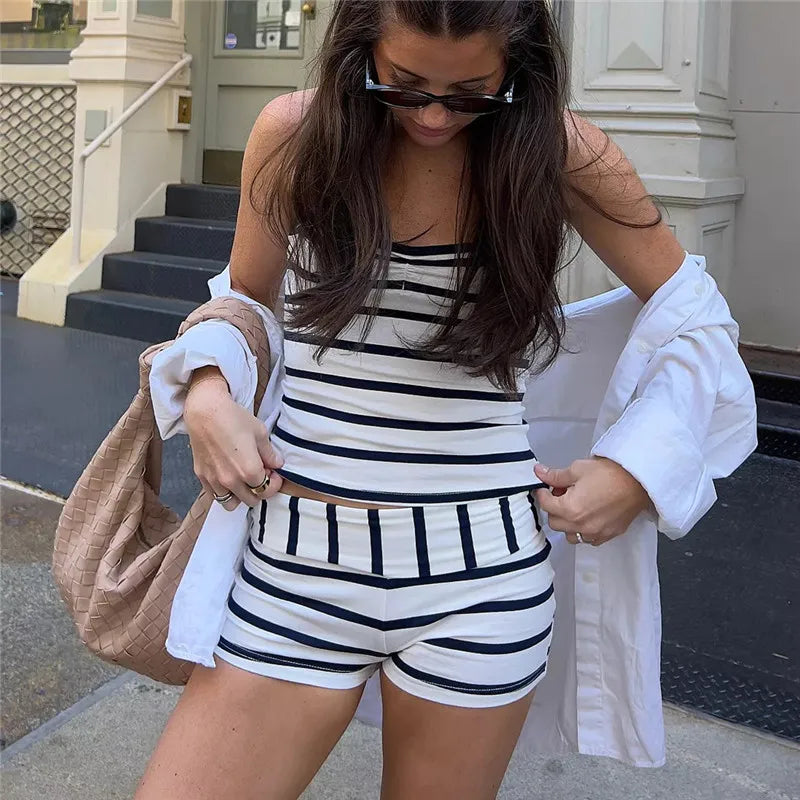 Women Y2K 2 Piece Pajamas Set Striped Print Crop Halter Neck Tops and Folded Waist Shorts for Loungewear Soft Sleepwear