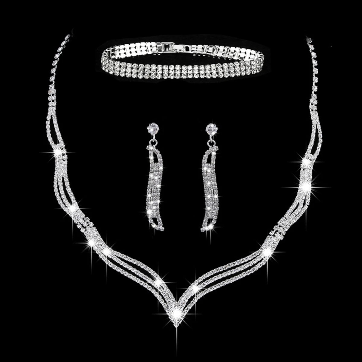3pcs Bridal Jewelry Set Silver Plated Rhinestone Fold Clutch Bracelet Tassel Earrings Wedding Jewelry Gift Trendy Style-9253